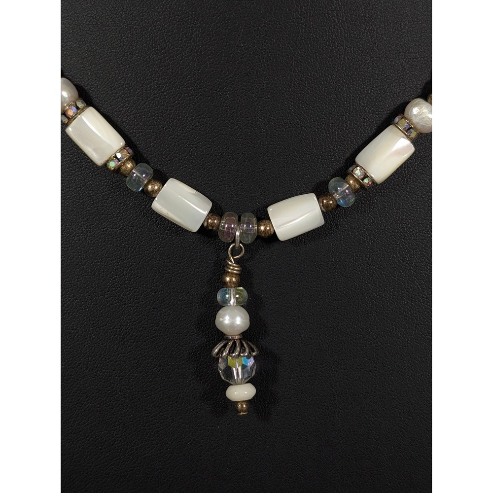 Artisan AB Glass Pearl Shell Necklace Silver Tone Boho Romantic Cottagecore